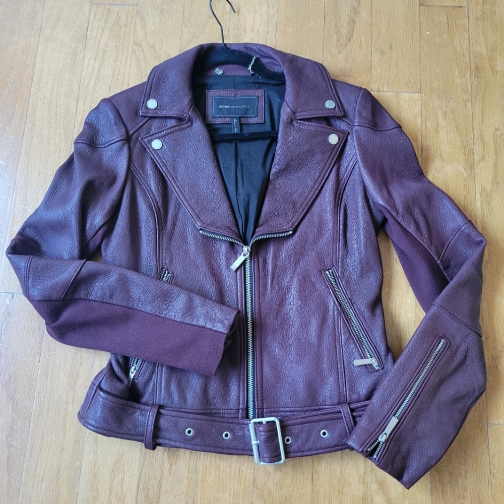 Burgundy BCBG Leather Moto Jacket